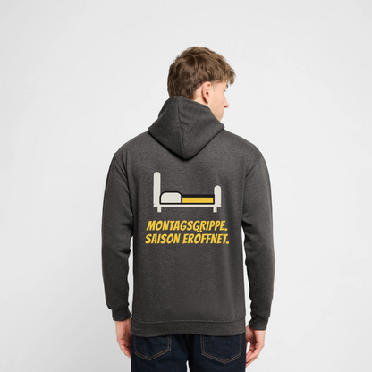 "Montagsgrippe. Saison eröffnet." Motiv-Hoodie unisex, Farbe Anthrazit, Model