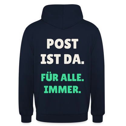 Post ist da. Für alle. Immer. Motiv-Hoodie unisex, Farbe Navy