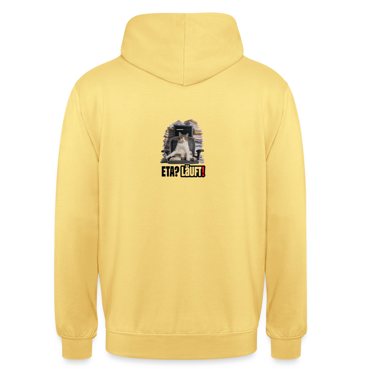 "ETA? Läuft! Bürokatzen-Motiv" Motiv-Hoodie unisex, Farbe Zitronengelb