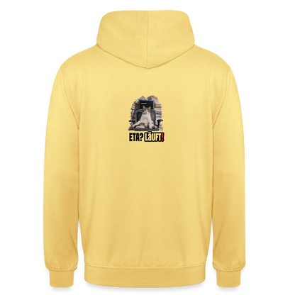 "ETA? Läuft! Bürokatzen-Motiv" Motiv-Hoodie unisex, Farbe Zitronengelb