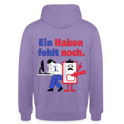"Ein Haken fehlt noch. Klemmbrett-Motiv" Motiv-Hoodie unisex, Farbe Lavendel