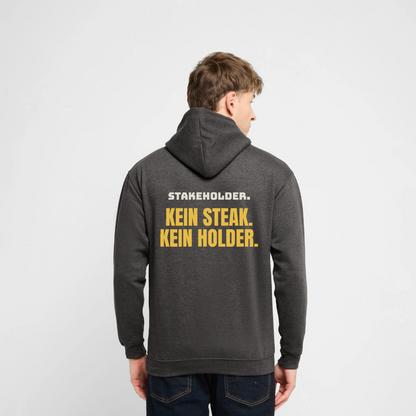 "Stakeholder. Kein Steak. Kein Holder." Motiv-Hoodie unisex, Farbe Anthrazit