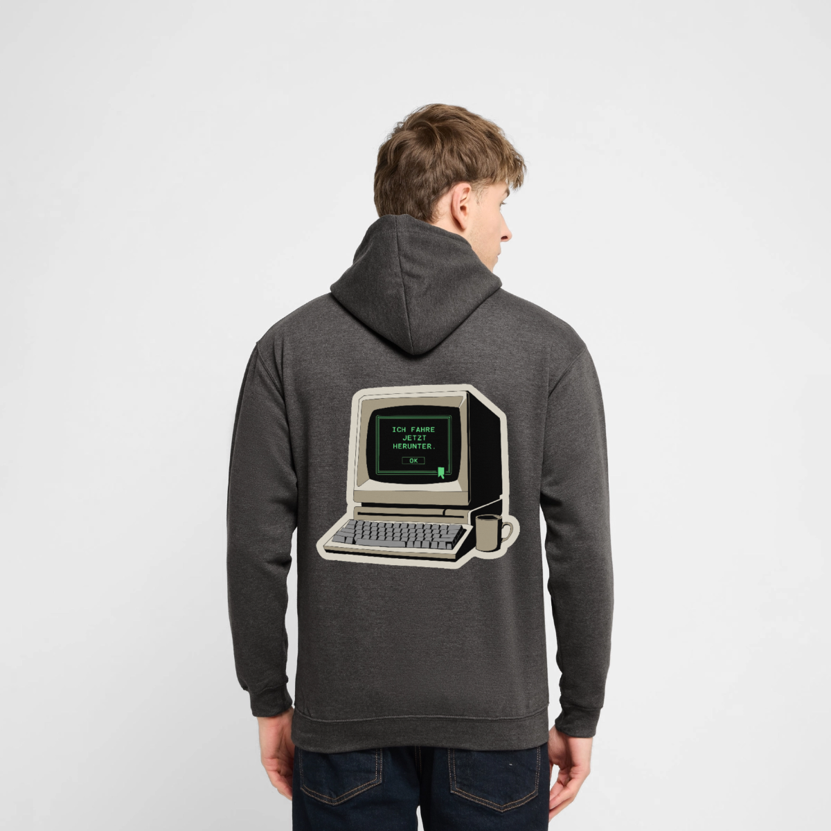 Ich fahre jetzt herunter. Motiv-Hoodie unisex, Farbe Anthrazit, Model