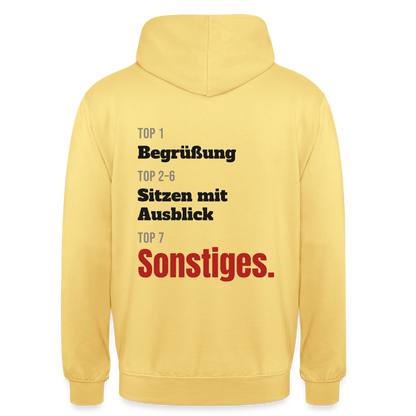 Top 1 Begrüßung, Top 2 bis 6 Sitzen mit Ausblick, Top 7 Sonstiges Motiv-Hoodie unisex, Farbe Zitronengelb