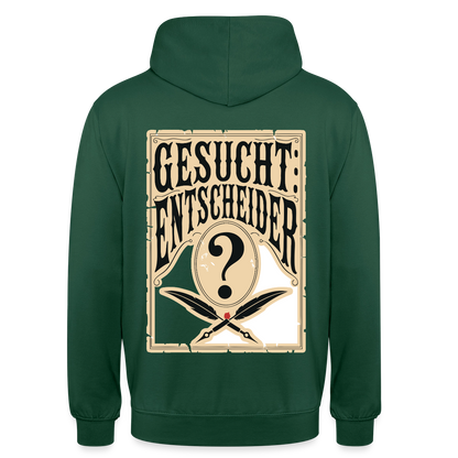 Gesucht: Entscheider. Steckbrief-Motiv Motiv-Hoodie unisex, Farbe Flaschengrün