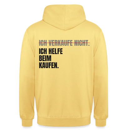 Ich verkaufe nicht. Ich helfe beim Kaufen. Motiv-Hoodie unisex, Farbe Zitronengelb