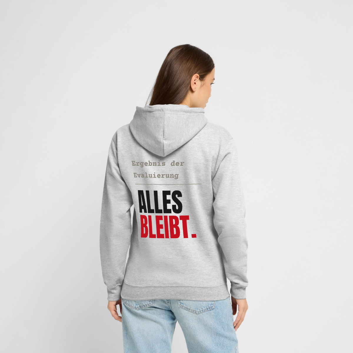Ergebnis der Evaluierung: alles bleibt. Motiv-Hoodie unisex, Farbe Hellgrau meliert, Model