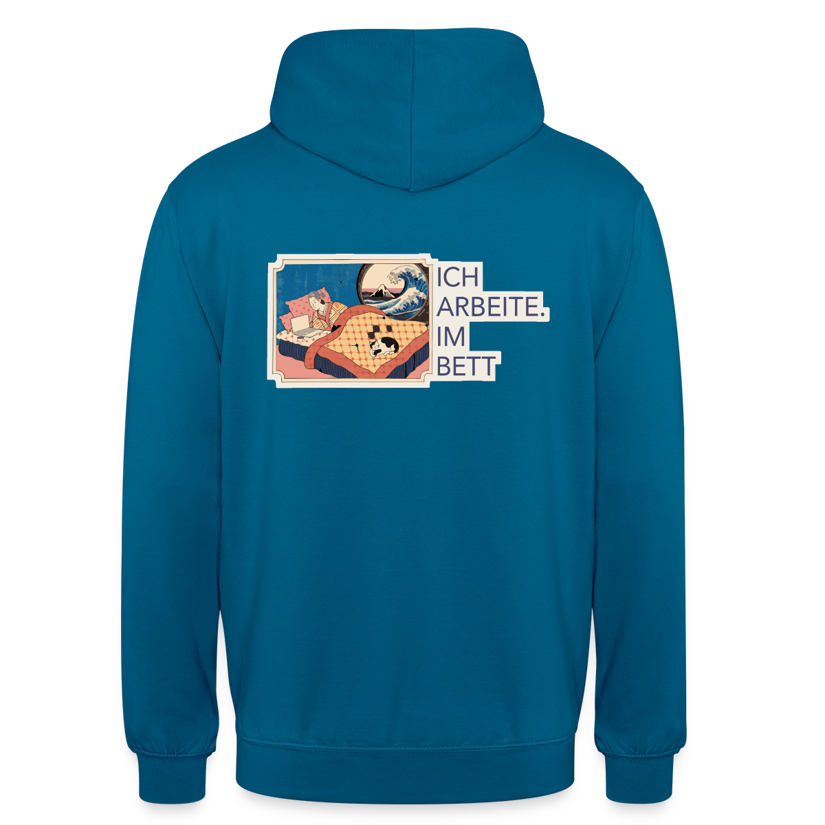 Ich arbeite. Im Bett. Motiv-Hoodie unisex, Farbe Tiefseeblau