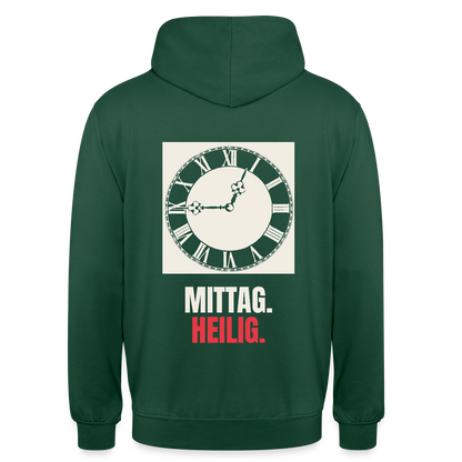 "Mittag. Heilig." Motiv-Hoodie unisex, Farbe Flaschengrün