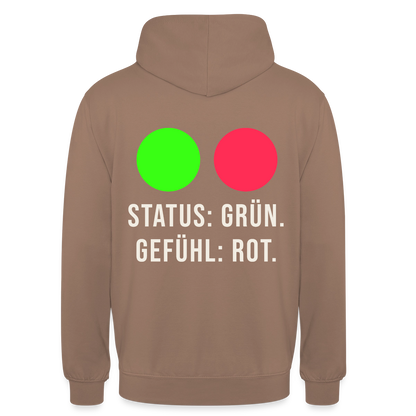 Status: grün. Gefühl: rot. Motiv-Hoodie unisex, Farbe Mokka