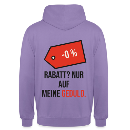 Rabatt? Nur auf meine Geduld. Motiv-Hoodie unisex, Farbe Lavendel