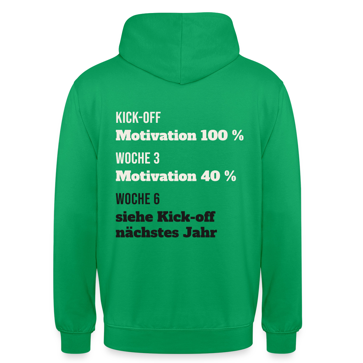 "Kick-off: Motivation 100 %. Woche 3: 40 %. Woche 6: siehe Kick-off nächstes Jahr" Motiv-Hoodie unisex, Farbe Kelly Green