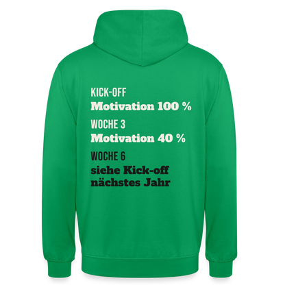 "Kick-off: Motivation 100 %. Woche 3: 40 %. Woche 6: siehe Kick-off nächstes Jahr" Motiv-Hoodie unisex, Farbe Kelly Green
