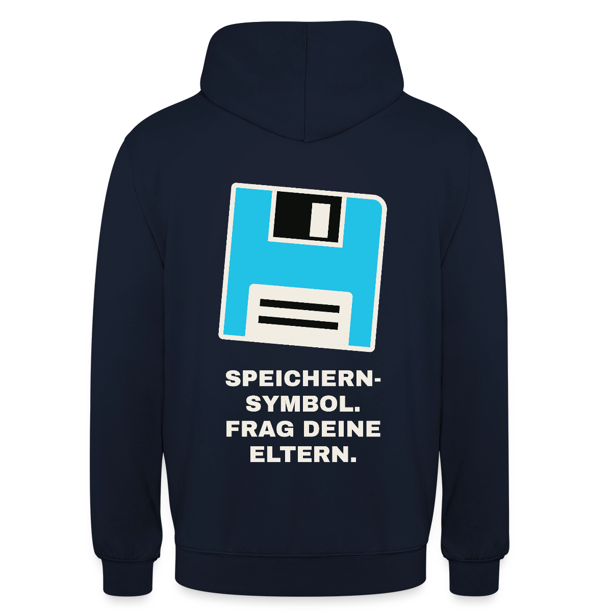 Speichern-Symbol. Frag deine Eltern. Motiv-Hoodie unisex, Farbe Navy