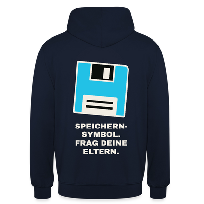 Speichern-Symbol. Frag deine Eltern. Motiv-Hoodie unisex, Farbe Navy