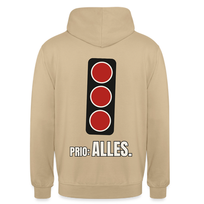 "Prio: alles." Motiv-Hoodie unisex, Farbe Beige
