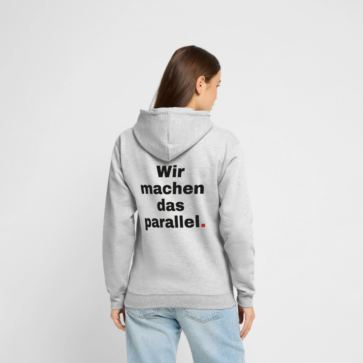 "Wir machen das parallel" Motiv-Hoodie unisex, Farbe Hellgrau meliert