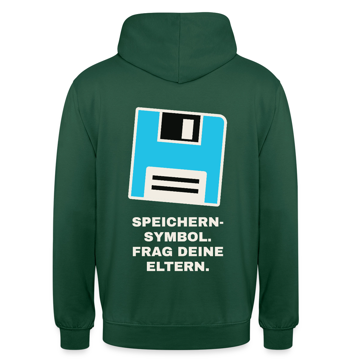 Speichern-Symbol. Frag deine Eltern. Motiv-Hoodie unisex, Farbe Flaschengrün