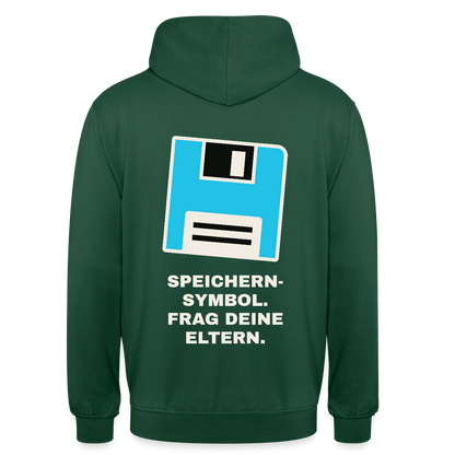 Speichern-Symbol. Frag deine Eltern. Motiv-Hoodie unisex, Farbe Flaschengrün