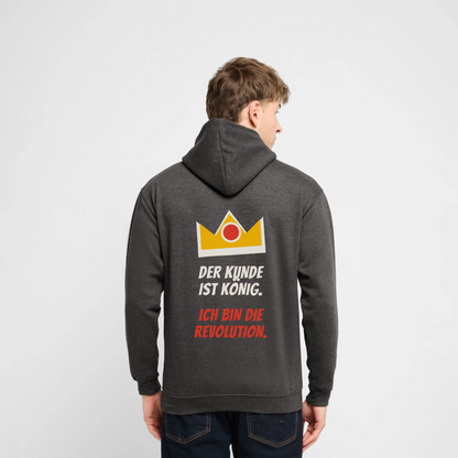"Der Kunde ist König. Ich bin die Revolution." Motiv-Hoodie unisex, Farbe Anthrazit, Model