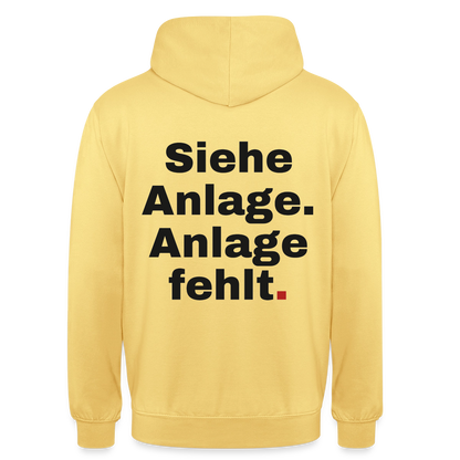 "Siehe Anlage. Anlage fehlt." Motiv-Hoodie unisex, Farbe Zitronengelb