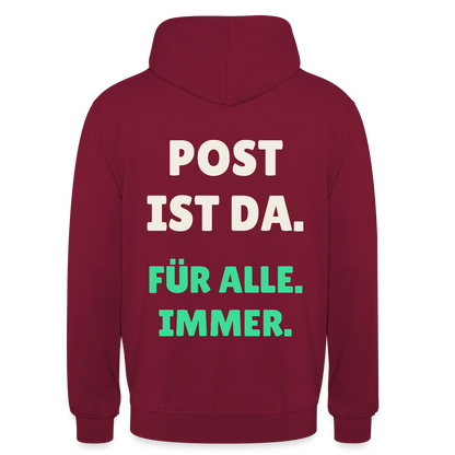 Post ist da. Für alle. Immer. Motiv-Hoodie unisex, Farbe Bordeaux