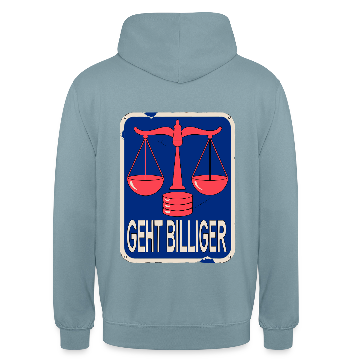 "Geht billiger. Emailschild-Motiv" Motiv-Hoodie unisex, Farbe Nebelblau
