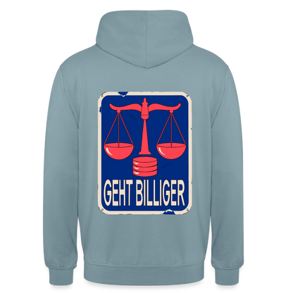 "Geht billiger. Emailschild-Motiv" Motiv-Hoodie unisex, Farbe Nebelblau