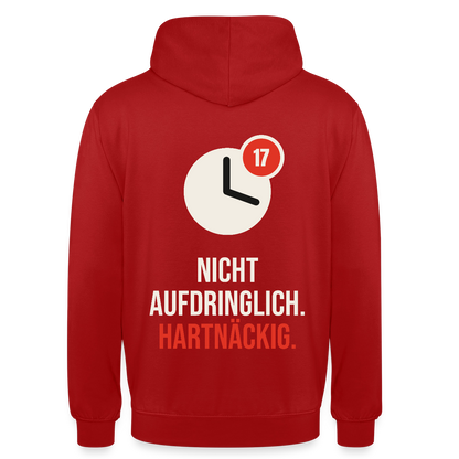Nicht aufdringlich. Hartnäckig. Motiv-Hoodie unisex, Farbe Rot