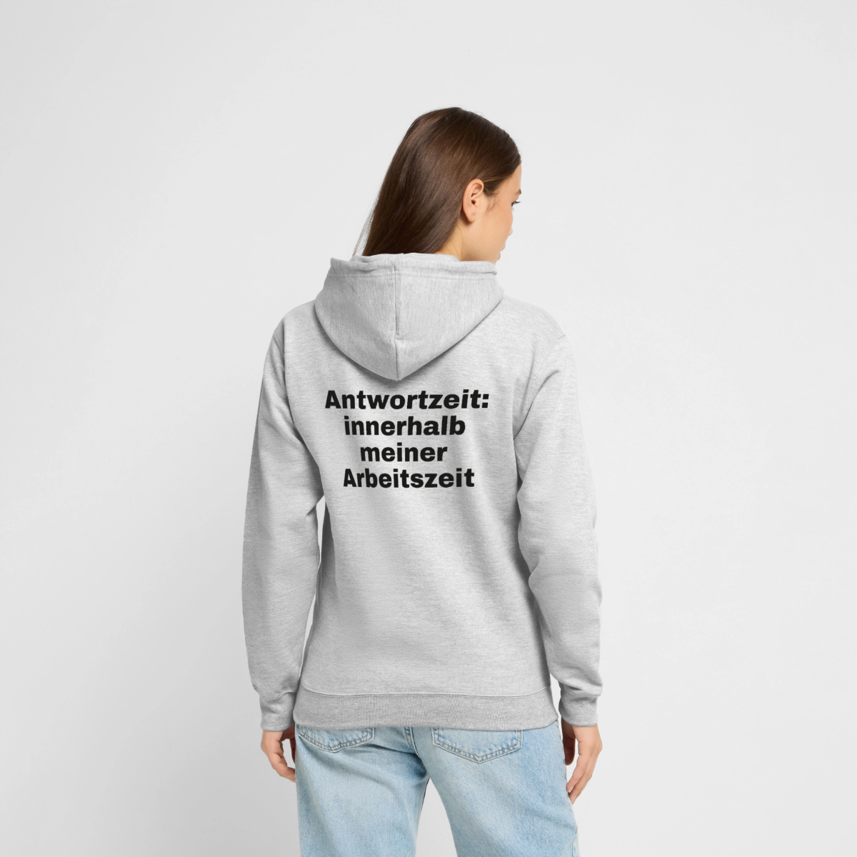"Antwortzeit: innerhalb meiner Arbeitszeit" Motiv-Hoodie unisex, Farbe Hellgrau meliert