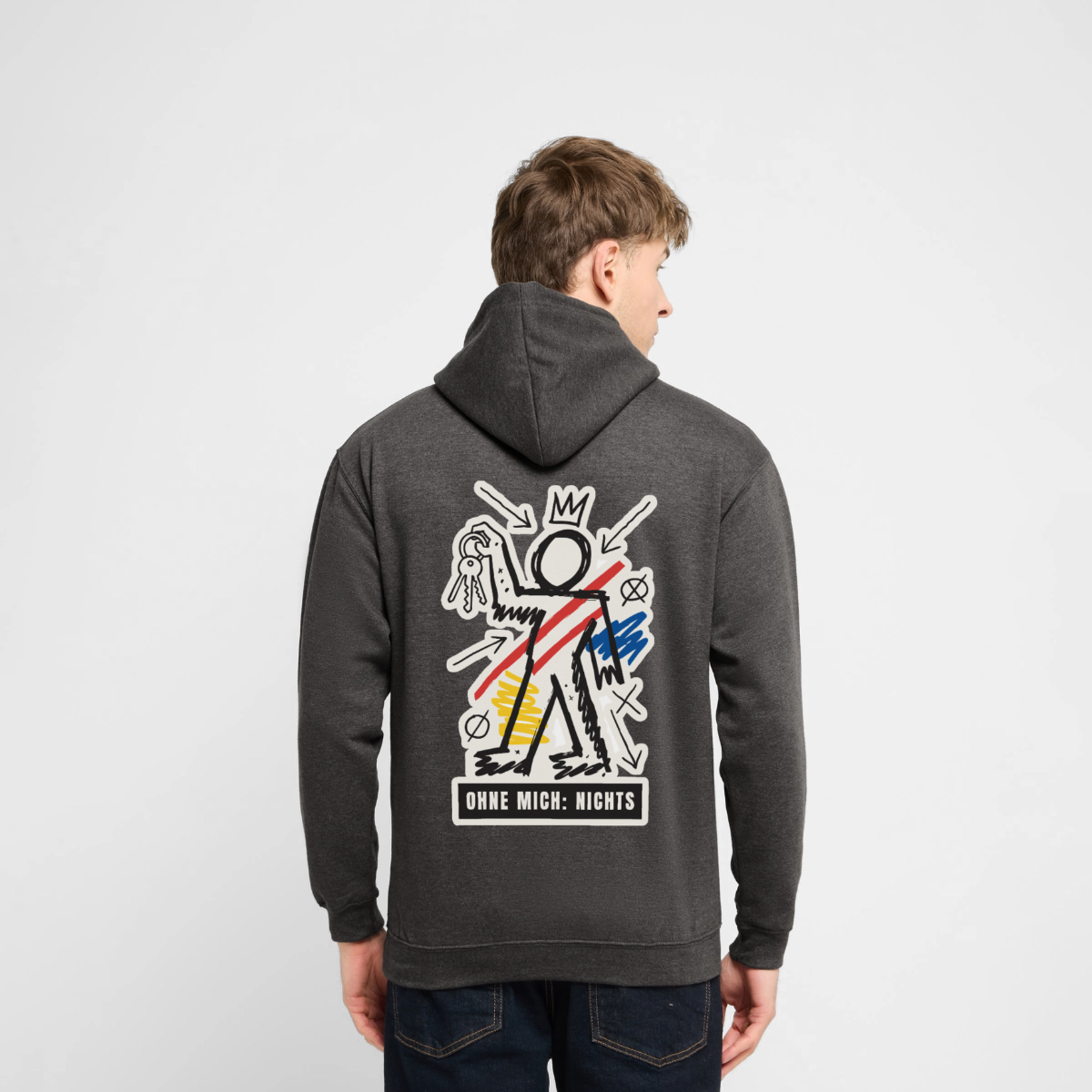 "Ohne mich: nichts. Neo-Expressionismus-Motiv" Motiv-Hoodie unisex, Farbe Anthrazit, Model