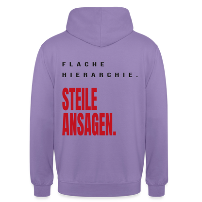 "Flache Hierarchie. Steile Ansagen." Motiv-Hoodie unisex, Farbe Lavendel