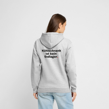 "Kühlschrank ist kein Endlager." Motiv-Hoodie unisex, Farbe Hellgrau meliert, Model