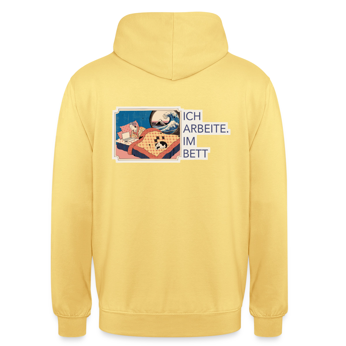 Ich arbeite. Im Bett. Motiv-Hoodie unisex, Farbe Zitronengelb
