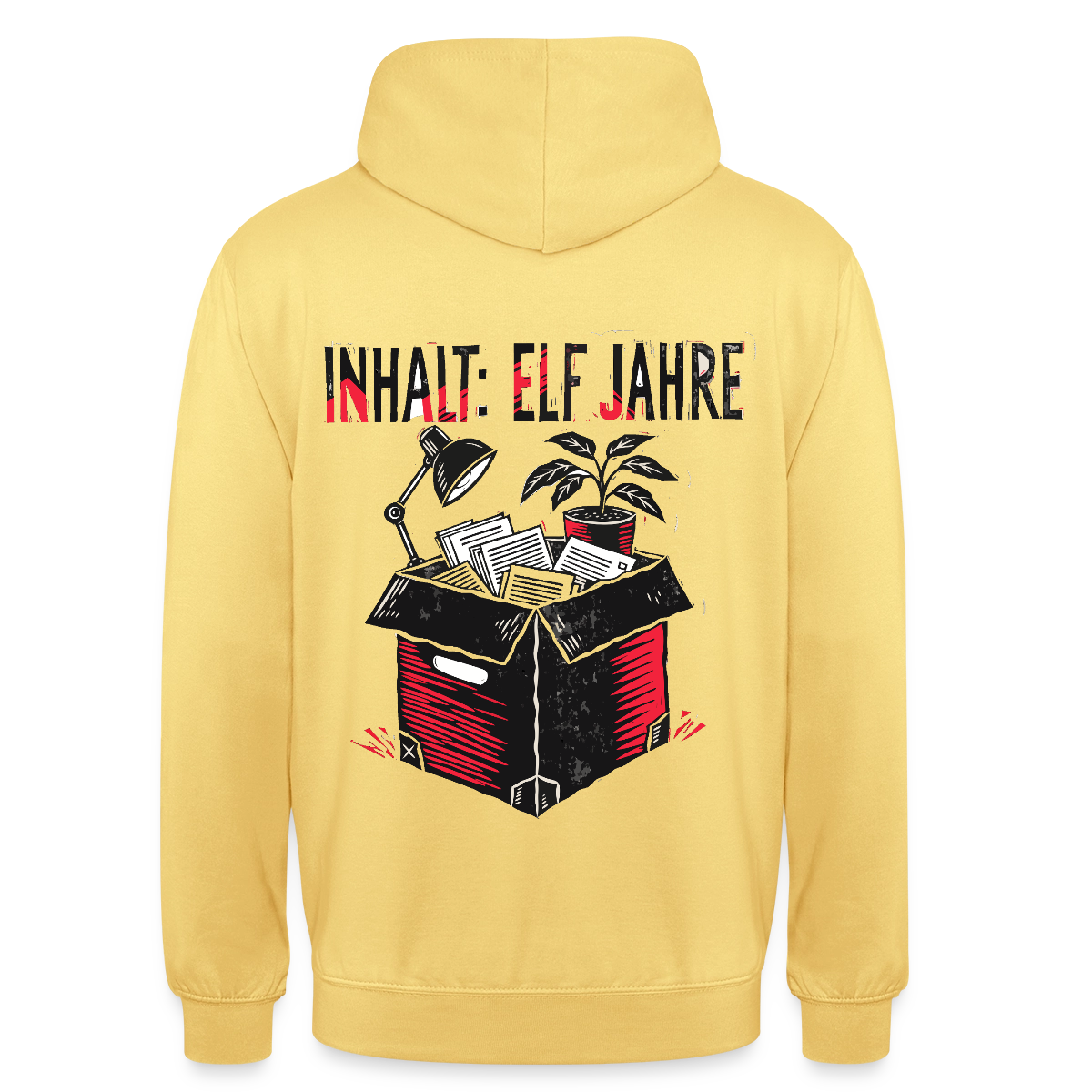 "Inhalt: elf Jahre. Linolschnitt-Motiv" Motiv-Hoodie unisex, Farbe Zitronengelb