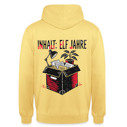 "Inhalt: elf Jahre. Linolschnitt-Motiv" Motiv-Hoodie unisex, Farbe Zitronengelb