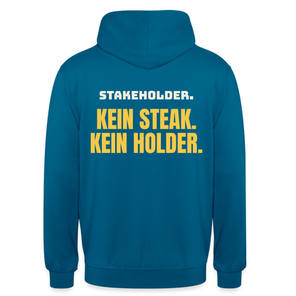 "Stakeholder. Kein Steak. Kein Holder." Motiv-Hoodie unisex, Farbe Tiefseeblau