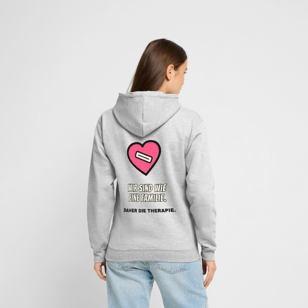 Wir sind wie eine Familie. Daher die Therapie. Motiv-Hoodie unisex, Farbe Hellgrau meliert, Model