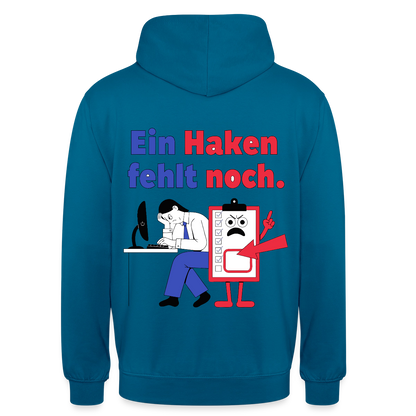"Ein Haken fehlt noch. Klemmbrett-Motiv" Motiv-Hoodie unisex, Farbe Tiefseeblau