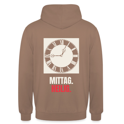 "Mittag. Heilig." Motiv-Hoodie unisex, Farbe Mokka