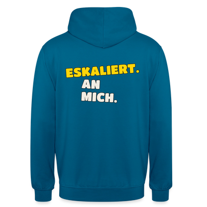 "Eskaliert. An mich." Motiv-Hoodie unisex, Farbe Tiefseeblau