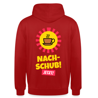 "Nachschub! Jetzt!" Motiv-Hoodie unisex, Farbe Rot