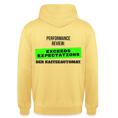 Performance Review: Exceeds Expectations. Der Kaffeeautomat. Motiv-Hoodie unisex, Farbe Zitronengelb