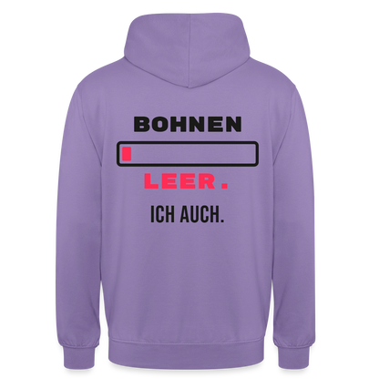 "Bohnen leer. Ich auch." Motiv-Hoodie unisex, Farbe Lavendel