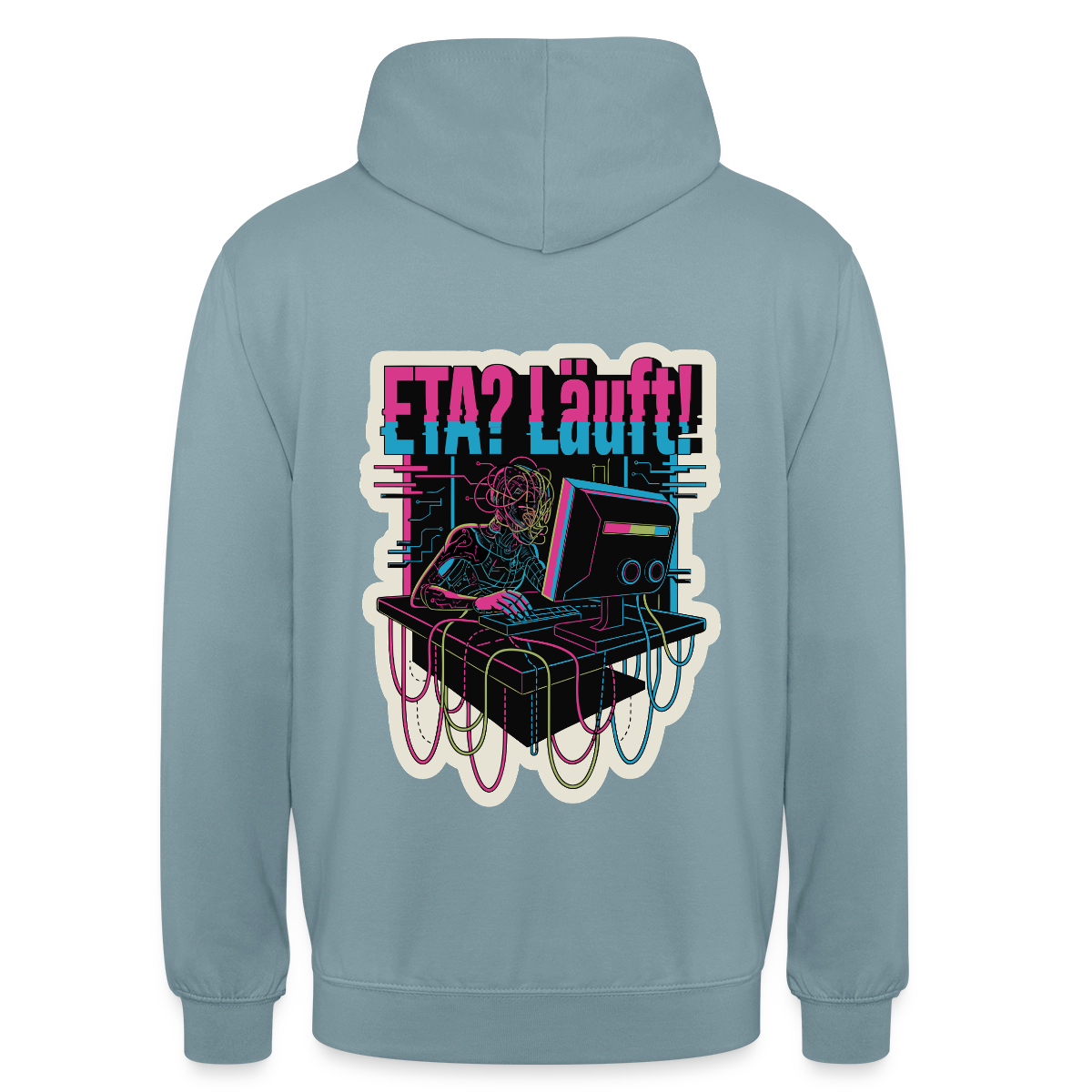 "ETA? Läuft! Cyberpunk-Motiv" Motiv-Hoodie unisex, Farbe Nebelblau