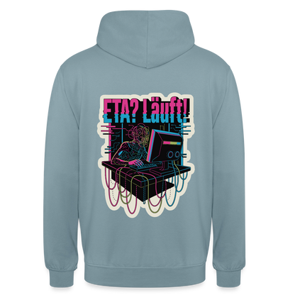 "ETA? Läuft! Cyberpunk-Motiv" Motiv-Hoodie unisex, Farbe Nebelblau