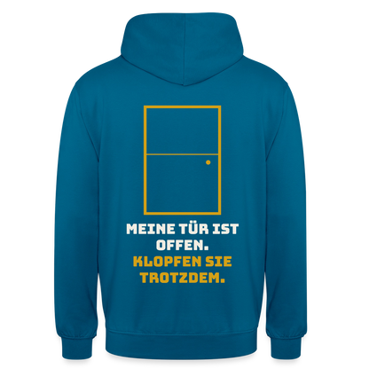 Meine Tür ist offen. Klopfen Sie trotzdem. Motiv-Hoodie unisex, Farbe Tiefseeblau