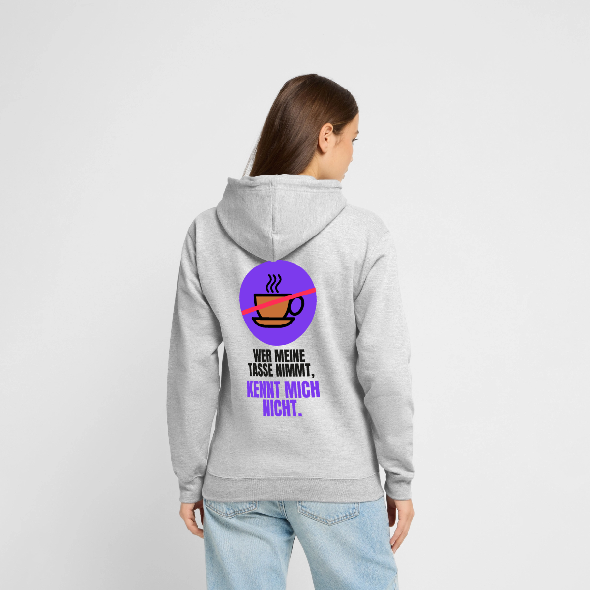 "Wer meine Tasse nimmt, kennt mich nicht." Motiv-Hoodie unisex, Farbe Hellgrau meliert