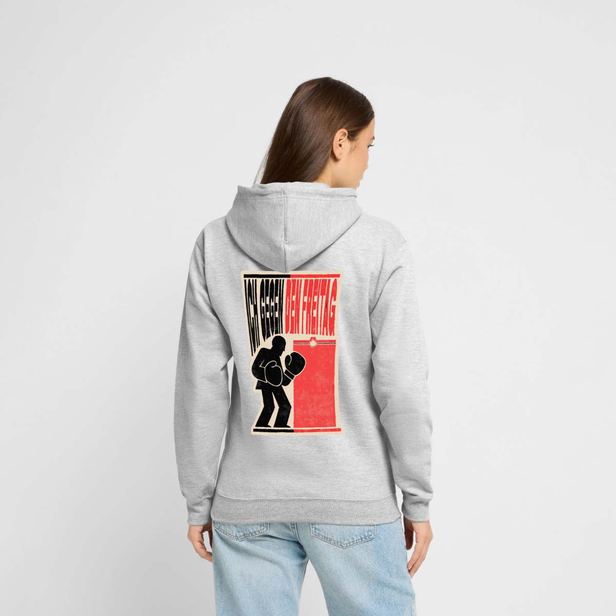 "Ich gegen den Freitag. Boxplakat-Motiv" Motiv-Hoodie unisex, Farbe Hellgrau meliert