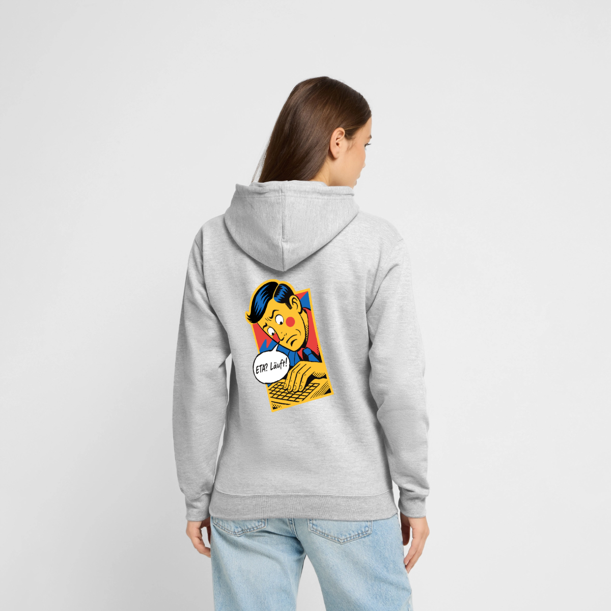 "ETA? Läuft! Popart-Motiv" Motiv-Hoodie unisex, Farbe Hellgrau meliert